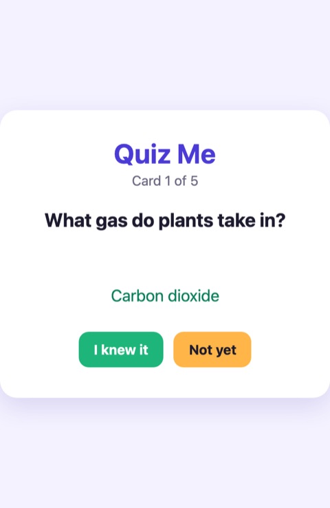 Quiz Me study app showing a question and its answer